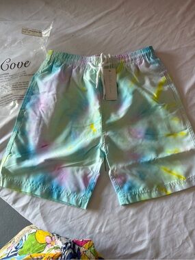 Stella Cove Pastel Tie-Dye Kids Swim Trunks in Mint, Blue & Yellow
